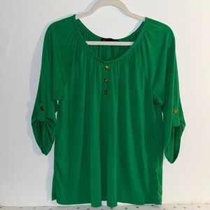 Adrienne Vittadini Emerald Green Round Collar Top Blouse with Gold Buttons
